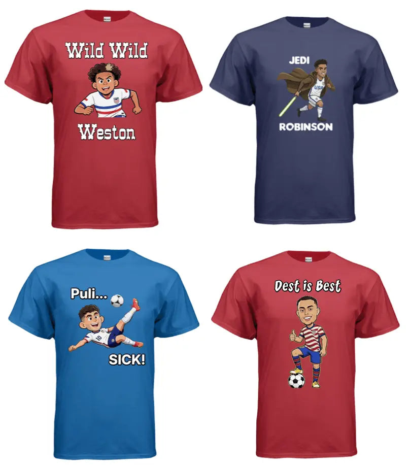 USMNT T-shirt Collection featuring Wild Wild Weston, Jedi Robinson, Puli...SICK, and Dest is Best designs.
