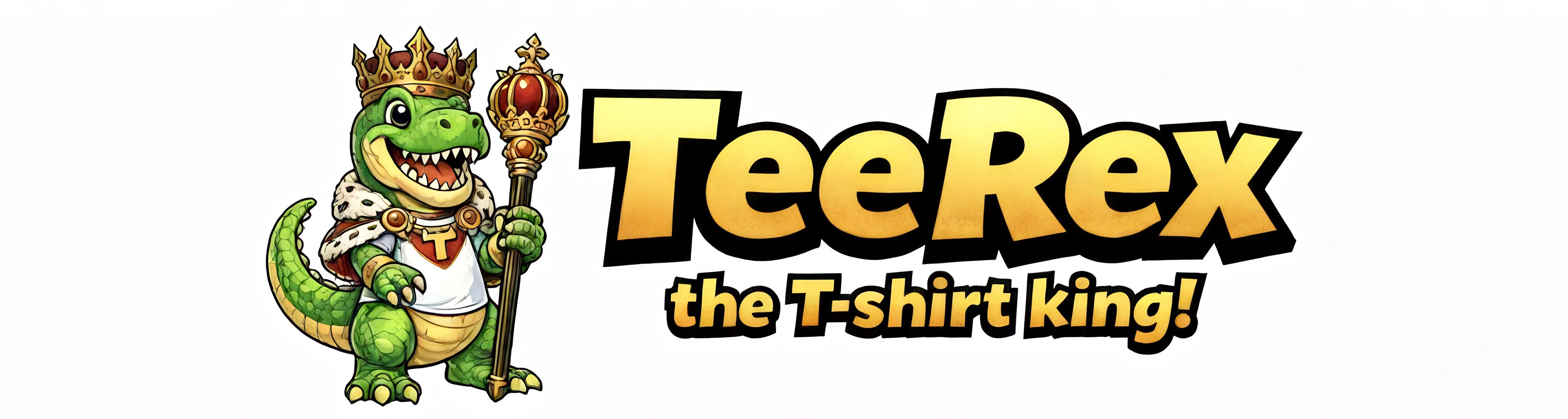 Logo of Tee Rex, the T-shirt king, featuring a cartoon dinosaur holding a crown and scepter.