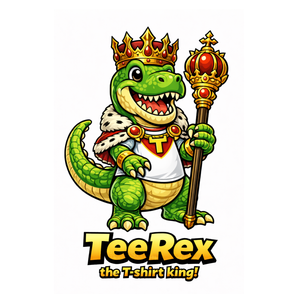Logo of Tee Rex, the T-shirt king, featuring a cartoon dinosaur holding a crown and scepter.